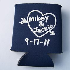 a blue can cooler with the words mikey and jakie written on it