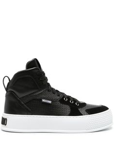 black/white calf leather/faux leather panelled design grained texture suede panelling perforated embellishment round toe front lace-up fastening logo patch at the tongue pull-tab at the heel flatform sole logo at the sole branded insole Pull Tab, Panel Design, Mens Shoes Sneakers, Sneakers Black, Bump, Moschino, High Top, Patch Logo, Calf Leather