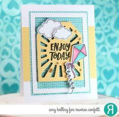 a card with the words enjoy today on it and a kite flying in the sky