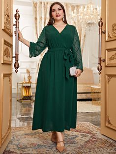 Verde Escuro elegante Collar Manga Comprida Tecido Simples Em A Embellished Não elástico Primavera / Outono Vestidos Plus size Church Ootd, Wedding Guest Dresses Long, Straight Cut Dress, Plus Size Elegant Dresses, Long Sleeve Chiffon Dress, Sewing Lace, Party Dresses Online, Short Sleeve Mini Dress, Polka Dress