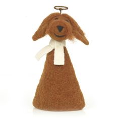 a brown dog ornament with a white ribbon around it's neck