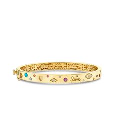 14k yellow gold, diamond and gemstones iconography hinge bangle. The bracelet is appx. 6.25" in size. Luxury Jeweled Yellow Gold Bracelets, Luxury Gold Diamond Bracelet With Multi-stone, Luxury Jeweled Yellow Gold Jewelry, Fine Jewelry Yellow Gold Multi-stone Bangle, Yellow Gold Multi-stone Bangle In Fine Jewelry Style, Heirloom Yellow Gold Multi-stone Bracelets, Jeweled Yellow Gold Bangle Bracelet, Gold Multi-stone Diamond Bracelet, Gift Yellow Gold Multi-stone Diamond Bracelet