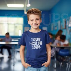 Blue Pre-shrunk T-shirt For School Events, Blue Graphic Print T-shirt For School Events, Customizable Crew Neck School T-shirt, Blue School Tops With Team Name, Blue Short Sleeve Top For School Events, Blue School Spirit Tops For School Events, Blue Cotton Top For School Events, Blue Cotton Tops For School Events, Blue School Spirit T-shirt