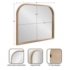 an arched mirror with measurements for the frame and top section, along with other details