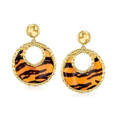 Ross-Simons - Italian Tiger-Print Enamel Drop Earrings in 14kt Yellow Gold. Let your style roar! Our exotic earrings from Italy feature playful tiger-print enamel in a chic open-space drop design that will add excitement to any outfit. Crafted in textured and polished 14kt yellow gold. Hanging length is 1". Post/clutch, tiger-print enamel drop earrings. Jewelry Presentation, Tiger Earrings, Gemstone Drop Earrings, Knot Stud Earrings, Knot Studs, Gold Sign, Drop Design, Drops Design, Tiger Print