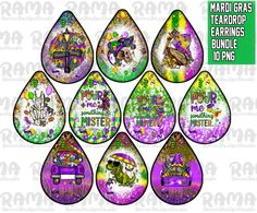 the mardi gras tears are decorated with purple, green and yellow colors