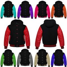 #ad Premium Quality Varsity Letterman Bomber Black Wool & Genuine Leather Sleeves Baseball Hoodie, Fashion Mens Jackets Black Varsity Hooded Jacket For Winter, Black Varsity Hooded Jacket For Streetwear, Varsity Hooded Jacket For College In Fall, Black Hooded Varsity Hoodie, Urban Black Hooded Jacket For College, Black Hooded Jacket For College In Fall, Fall Varsity Hooded Jacket For Streetwear, Varsity Hooded Jacket For Fall Streetwear, Varsity Black Hoodie For Winter