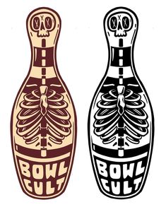 two bowling pins with the words bowl full and skeleton bowling pins next to each other