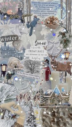 a collage of winter scenes with snowflakes