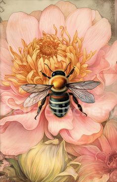 a painting of a bee sitting on top of a pink flower with yellow flowers in the background