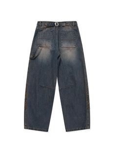 This is a casual and comfortable denim pants made out of high quality cotton 100% fabric. With design detail of dart detail on the inner leg, panel detail on both legs, and adjustable waistband, it gives a casual and unique mood to your look.- Bold hammer loop detail on the back- Adjuster detail on the waist- Emblem embroidery patchwork on the side- 13.5 oz high quality denim Urban Style Denim Blue Jeans With Belt Loops, Urban Denim Blue Jeans With Belt Loops, Urban Jeans With Belt Loops In Denim Blue, Denim Blue Tapered Leg Cargo Jeans With Belt Loops, Streetwear Recycled Denim Jeans With Belt Loops, Streetwear Jeans With Recycled Denim And Belt Loops, Baggy Rigid Denim Jeans With Belt Loops, Denim Blue Cotton Cargo Jeans With Belt Loops, Urban Denim Blue Bottoms With Belt Loops