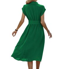 Green Button Lapel Pocket Midi Dress with Tie Elegant Green V-neck Shirt Dress, Casual V-neck Midi Dress For Semi-formal Occasion, Green Semi-formal Summer Dress, Elegant Short Sleeve Shirt Dress In Solid Color, Elegant Solid Color Short Sleeve Shirt Dress, Elegant Short Sleeve Solid Color Shirt Dress, Green Short Sleeve Semi-formal Dress, Green Knee-length Solid Color Shirt Dress, Solid Midi Dress With Buttons For Office