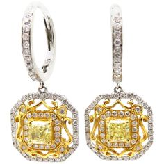 Estate 18k White & Yellow Gold Fancy Yellow Radiant Cut Diamond Dangle Earrings Luxury Yellow Gold Danglers, White Diamond Dangle Earrings, Fancy Yellow Diamond, Diamond Dangle Earrings, Radiant Cut Diamond, Earring Crafts, Radiant Cut, Women Diamond, Lovely Jewellery