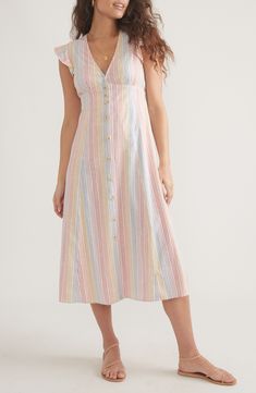 Sunny stripes sweeten the style of a breezy, woven A-line midi dress that's ruffled at the sleeves and smocked at the back waist. Front button closure; hook-and-eye closure Deep V-neck Cap sleeves 54% hemp, 44% Tencel® lyocell, 2% spandex Tencel lyocell is a sustainably produced fiber made with closed-loop processing Machine wash, tumble dry Imported Summer A-line Midi Dress For Brunch, Summer Mid-length Dress With Button Closure, Beach Midi Dress With Buttons Knee-length, Summer A-line Maxi Dress With Button Closure, Chic Midi Sundress With Buttons, Knee-length Midi Dress With Buttons For Beach, Feminine Midi Dress With Button Closure, Feminine Midi Dress With Button Closure For Brunch, Chic Midi Sundress With Button Closure