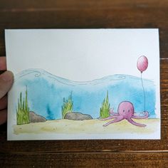 Purple octopus on the sandy sea floor holding a pink balloon in teal waters with green seaweed and grey rocks around it Ocean Themed Cards, Ocean Birthday Card, Ocean Theme Birthday, Ocean Birthday, Under The Sea Theme, Dad Birthday Card, Sea Birthday, Blue Birthday, Sea Theme