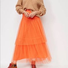 Anthropologie New With Tags Skirt Size Small Evelyn Tulle Midi Skirt Orange A Striking Tulle Overlay Infuses This Skirt With A Dainty, Oh-So-Feminine Style. Polyester; Modal Lining Midi Silhouette Pull-On Styling Machine Wash Imported Dimensions Standard: 25"L Smoke-Free Environment Thank You For Looking, Shopping For Sustainable Fashion And Support My Small Business. Chic Non-stretch Tulle Skirt, Non-stretch Tiered Skirt For Party, Non-stretch Tiered Party Skirt, Non-stretch Tulle Maxi Skirt, Spring Stretch Tulle Maxi Skirt, Spring Long Tulle Skirt Bottoms, Stretch Tiered Tulle Maxi Skirt, Spring Tulle Skirted Bottoms, Casual Mini Tulle Skirt