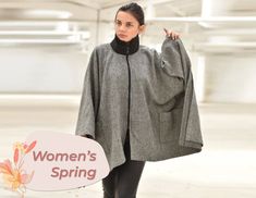 "Wool Cape Poncho ◈ Stylish and chic fashion is our shared dream! You can be sure that this piece is made with a lot of love and craftsmanship. ◈ S I Z I N G ◈ Poncho's width: 1.40 cm/ 0.55\" Due to the fabric specifications, sleeves of the plus size models will be shorter. Convo me for more questions! This item is available from XS to 4XL. Please, have a look at my Size Chart below before placing your order. ◈ D E L I V E R Y ◈ This item will be shipped in up to 5 days after your order was plac Gray Oversized Cape Outerwear, Oversized Gray Cape Outerwear, Oversized Gray Cape For Fall, Oversized Cold Weather Cape, Oversized Shawl For Winter, Oversized Shawl Winter Outerwear, Oversized Shawl Outerwear For Winter, Oversized Batwing Sleeve Outerwear For Winter, Oversized Winter Outerwear With Batwing Sleeves