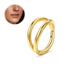 two gold rings are shown next to a woman's face and an image of her nose