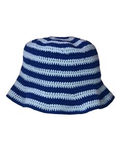 a blue and white crocheted hat on a white background