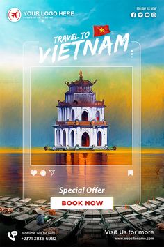 an advertisement for travel to vietnam with the image of a pagoda on water and boats in the background