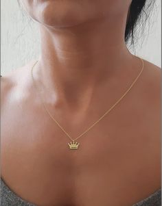 14k Tiny Solid Gold Crown Necklace 14k Yellow Gold Crown | Etsy 14k Gold Delicate Chain Charm Necklace For Anniversary, 14k Gold Charm Necklace With Delicate Chain For Anniversary, Simple Yellow Gold Charm Necklace With Adjustable Chain, Delicate 14k Gold Necklaces With Delicate Chain, Dainty 14k Gold Round Pendant Necklace, Dainty 14k Gold Necklace With Delicate Chain, Simple 14k Gold Necklace With Adjustable Chain, Simple 14k Yellow Gold Necklace, Dainty Gold Necklaces For Formal Occasions