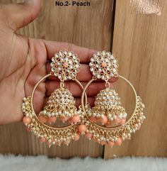 *Light Weighted Gold earrings tikka set. *Earrings length: 4 inches  (with drops)  *Width : 2.4 inches Traditional Orange Earrings For Party, Coral Wedding Earrings, Gold Indian Earrings, Indian Jewelry Gold, Earrings Hanging, Set Earrings, Indian Earrings, Gold Jewelry Indian, Peach Pink