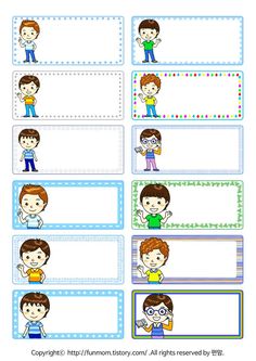 an image of children's name tags with cartoon characters and dots in the background