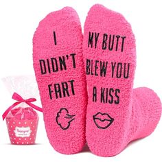 Weird SocksThese fuzzy dark pink socks for her feature a funny saying "I DIDN'T FART MY BUTT BLEW YOU A KISS" printed on the soles. Funny socks are perfect for making her laugh.Size & MaterialThese fluffy socks are made of plush coral fleece, providing ultimate comfort and warmth. Designed to fit women's shoe sizes 6-10. Our fuzzy socks also feature black non-slip soles, ensuring your safety on wood and tile floors.Cupcake PackagingTo ensure eas... Socks That Look Like Shoes, Playful Pink Socks For Gifts, Playful Pink Socks For Gift, Novelty Socks For Winter Gift, Novelty Winter Socks For Gifts, Novelty Winter Socks As Gift, Funny Letter Print Socks As Gift, Novelty Winter Socks For Gift, Funny Letter Print Socks Gift