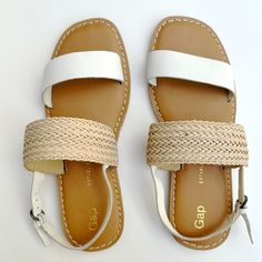 Gap Leather Two Band Sandals, White And Woven Tan Leather. Adjustable Strap At Heel For Fit. Upper Leather Lining And Sock Other Materials Rubber Sole Never Worn, Nwot Size Usa 6.5 / Eur 37.5 Casual White Sandals With Adjustable Strap, Casual White Leather Slingback Sandals, White Synthetic Sandals With Adjustable Strap, White Flat Sandals With Adjustable Strap, White Sandals With Adjustable Strap For Vacation, White Flat Synthetic Slingback Sandals, White Casual Slingback Sandals With Adjustable Strap, White Adjustable Strap Synthetic Sandals, Casual White Slingback Sandals With Adjustable Strap