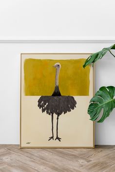 a painting on a wall with a large bird in front of it and a houseplant next to it