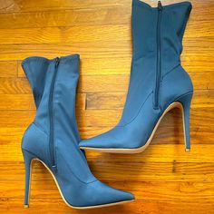 Blue Heeled Boots! Never Worn Before. Size 8. Blue High Ankle Heels For Party, Blue Ankle-high Boots For Spring, Blue Ankle-high Boots For Fall, Blue High Ankle Heels For Fall, Fitted Blue Ankle Boots, Blue Pointed Toe Boots With Reinforced Heel, Blue Ankle Boot Heels For Fall, Light Blue Pointed Toe Boots For Fall, Chic Light Blue Boots With Round Toe