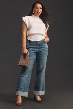 The Austyn High-Rise Cuffed Wide-Leg Jeans by Pilcro Plus Size Wide Jeans, Wide Leg Jeans Autumn Outfit, Wide Leg Jeans On Curvy Women, Anthropologie Work Outfit, Cuffed Wide Leg Jeans, Cuffed Wide Leg Jeans Outfit, Wide Leg High Waist Jeans Outfit, Wide Leg Jeans Outfit Plus Size, Wide Leg Pants Outfit Plus Size