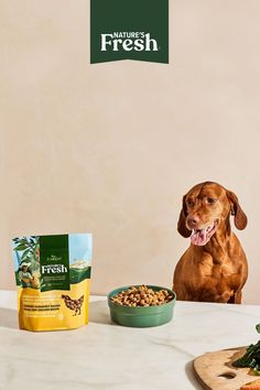 a dog sitting next to a bowl of food and a bag of fresh puppy food