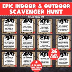 an outdoor scavenger hunt is shown in red and black with the words, epic indoor