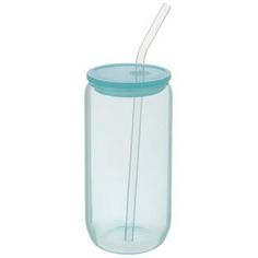 a glass cup with a straw in it and a blue lid on the bottom is shown