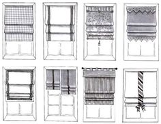 six different types of roman blinds in various styles and colors, each with an attached valance