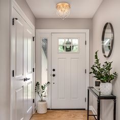 a white front door with two plants and a mirror on the wall next to it