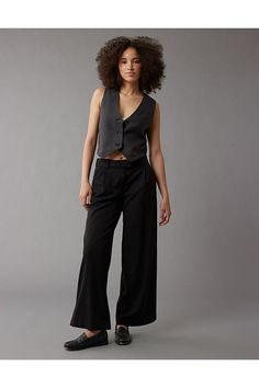 Lightweight, stretchy woven fabrication/Button fly/Pleats in front/Wide leg Fitted Wide Leg Pants With Button Closure, Casual Fitted Wide Leg Pants With Button Closure, Chic Fitted Wide Leg Pants With Buttons, Stretch Rayon Fall Bottoms, Fitted Casual Rayon Pants, Fitted Rayon Casual Pants, Stretch Bottoms With Button Closure For Work, High Waist Fitted Rayon Bottoms, Fitted Wide Leg Pants With Buttons