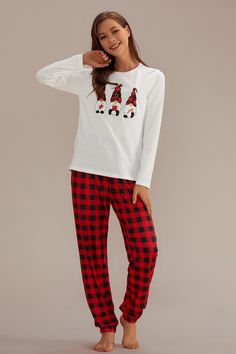 White Christmas Santa Claus Long Sleeve Round Neck PJ Set Plaid Winter Sleepwear For Loungewear, Plaid Sleepwear For Winter Loungewear, Casual Winter Holiday Sleepwear, Casual Winter Sleepwear For Holidays, Cozy Plaid Long Sleeve Sleepwear, Cozy Long Sleeve Plaid Sleepwear, Plaid Sleepwear For Pajama Party In Fall, Plaid Long Sleeve Sleepwear For Fall, Relaxed Fit Plaid Sleepwear For Fall