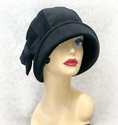 Velour Velvet 1920's Style Cloche Hat with Bow in Several Color Options | The Polly Custom Made Hats, 1920's Style, Hat With Bow, Black Bucket Hat, Velvet Hat, Trendy Hat, Flapper Style, Hat Handmade, Hat Design