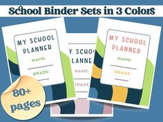 three school binder sets in 3 colors with the name and number on each page