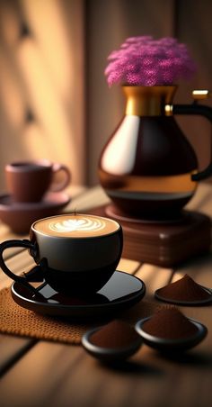 a cup of coffee on a saucer next to coasters and a vase with flowers