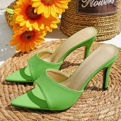 Beautiful Bright Green Heels. Never Worn, Perfect Condition. Summer Almond Toe Heels With 4-inch Heel, Green Pointed Toe Sandals With 4-inch Heel, Trendy Green Slip-on Heels, Casual Green Heels With 4-inch Heel, Fitted Sandals With Pointed Toe For Spring, Fitted Pointed Toe Sandals For Spring, Green High Heel Spring Heels, Slip-on Evening Heels For Spring, Green Slip-on Evening Heels