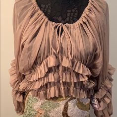 Nwt: Tan Sheer Ruffle Blouse, Ruffles On Sleeves And Around Bottom Of Blouse, Drawstring Elastic Top, Elastic Around Bottom And Cuff, Very Feminine Soft Look Blouse (Skirt Sold Separately) Ballet Wrap Top, Ruffled Shirt, Black Peplum Top, Blouse Skirt, Pink Tunic, Puff Sleeve Crop Top, Elastic Top, Vintage Crop Tops, Beaded Chiffon