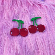 Cute CHERRY Acrylic Earrings in Red, White, Green With Silver Earring Hooks // Plastic Jewelry Retro Red Earrings For Summer, Retro Red Summer Jewelry, Funky Red Handmade Jewelry, Black Acrylic Earrings, Clear Bracelet, Personalized Jewelry Box, Cherry Earrings, Bracelet Display, Earring Hook