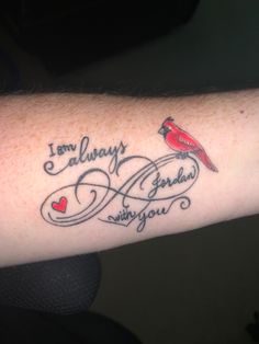 Cardinal tattoo as hubby loved St Louis Cardinals. And for what a cardinal represents when a loved one passes. The infonity symbol as Jordan will be a part of me forever. Small Remembrance Tattoos Cardinal, Cardinal Remembrance Tattoos, Cardinal Spine Tattoo, Cardinal With Angel Wings Tattoo, Infinity Tattoo With Cardinal, Cardinal Bird Tattoos Memorial, Red Cardinal Memorial Tattoo