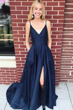 Navy Blue Satin V Neck Backless High Slit Long Prom Dresses, V Neck Na – Lwt Dress Navy Prom Dress, Winter Formal Dress, Blue Prom Gown, Blue Long Prom Dress, Navy Prom Dresses, Split Prom Dresses, Evening Dress Long, Winter Formal Dresses, Spaghetti Strap Prom Dress