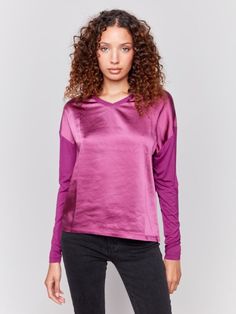 Satin / Jersey Knit Top V-neck Front and Back Self : 95% Viscose / 5% Spandex Combo : 100% Polyester Back Length : 26 1/2" Care Instructions : Hand Wash In Cold Water, No Bleach, Lay Flat To Dry, Iron at Low Setting, Dry Clean If Needed Size XS S M L XL XXL Bust 34" 36" 38" 41" 44" 47" Waist 26" 28" 30" 33" 36" 39" Hips 36" 38" 40" 43" 46" 49" Denim Editorial, Chic Blazer, Linen Jackets, Short Denim, Denim Skirts, Maxi Robes, Linen Skirt, Business Dresses, Midi Maxi Dress