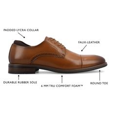 The Maning derby shoe from Vance Co. exudes a perfect blend of style and comfort with its 1-inch block heel, lace-up closure, and classic round-toe design. Crafted from faux leather this design offers a sleek and versatile option for various occasions. The mesh lining, 6 mm Tru Comfort Foam™ footbed, and rubber outsole ensure breathability and cushioned support, making the Maning a well-rounded choice for both formal and casual settings. Classic Lace-up Derby With Goodyear Welt Construction, Classic Lace-up Dress Shoes With Goodyear Welt, Derby Oxfords With Round Toe, Workwear Derby Shoes With Branded Insole And Almond Toe, Business Casual Lace-up Oxfords With Goodyear Welt, Goodyear Welted Derby Shoes For Business Casual, Goodyear Welted Business Casual Derby Shoes, Formal Lace-up Shoes With Goodyear Welt Construction, Derby Lace-up Shoes With Almond Toe And Removable Insole