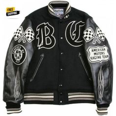 Black Varsity Long Sleeve Outerwear, Black Varsity Jacket With Stand Collar For Fall, Fitted Leather Varsity Jacket For Winter, Black Fitted Long Sleeve Varsity Jacket, Fitted Leather Varsity Jacket, Fitted Leather Varsity Jacket With Long Sleeves, Black Long Sleeve Varsity Jacket With Patchwork, Black Long Sleeve Varsity Jacket For Winter, Black Patchwork Varsity Jacket For Fall